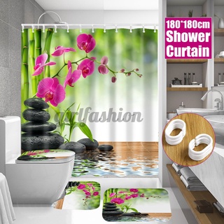 ON SALE 180X180cm Bamboo Bathroom Shower Curtain 3pcs Carpets Mat Set Modern Design