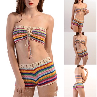 punto multi color bandeau pantalones cortos traje de baño para las mujeres frontal diseño cordón verano ropa de playa