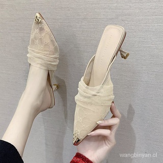 Sandalias sexis a la moda de mujer medias zapatillas con dedos cerrados de malla2021Primavera y verano nueva ropa de abrigo versátil tacones altos puntiagudos (1)