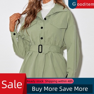 gooditem manga larga camisa abrigo turn-down cuello cinturón solapa bolsillos verde otoño abrigo mujer prendas de abrigo