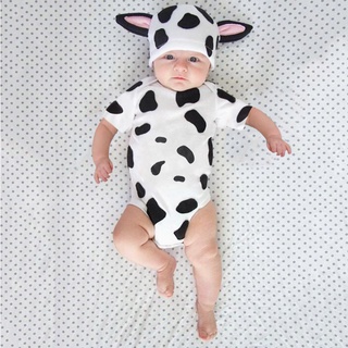 bebé bebé niño niña manga corta de dibujos animados lechero vaca impreso mameluco+sombrero