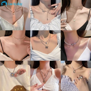 Elegante gargantilla de perlas collar de perlas de moda collar de mariposa corazón multicapa colgante collar para mujeres accesorios joyería (1)