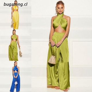 b.cl Women Sexy Satin 2 Pieces Outfits Cross Halter Bandage Crop Top High Waist Palazzo Wide Leg Long Pants Set Solid Color Summer Club Party Streetwear
