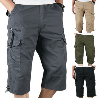 Pantalones cortos deportivos para hombre 3/4 de longitud larga elástica cintura bolsillo de la cintura