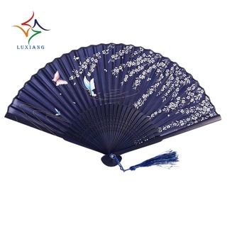 abanico plegable de encaje de bambú, mariposa azul oscuro y flor blanca