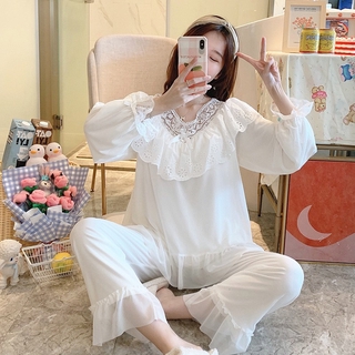 Pijamas mujeres primavera y otoño encantadora princesa viento versión coreana de encaje verano manga larga algodón servi (1)
