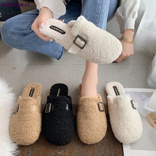 Baotou buckle half slippers women s outer wear warm plus fluffy shoes for fall/winter 2021 one-step lazy flat cotton shoes