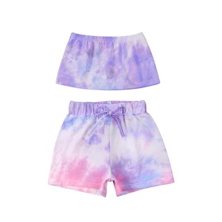 ❃Fz❂Conjunto de ropa Tie-dye para niñas, Tops cortos de alta elasticidad sin mangas y pantalones cortos con cordón