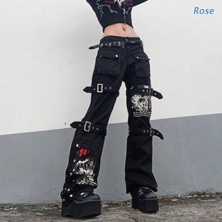 Rosa mujeres Goth Punk cintura alta Jeans Harajuku Metal hebilla Hip Hop impresión pantalones de carga ancho pierna holgada pantalones de mezclilla