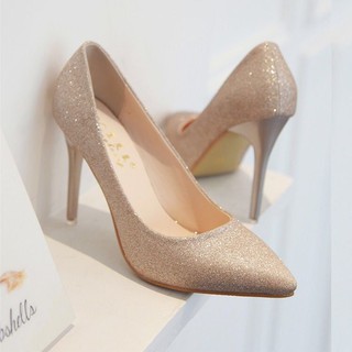 Glitter oro tacones altos mujeres punta plata Stiletto dama de honor zapatos de boda