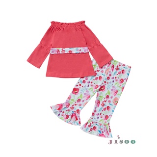 Soo-girls conjunto de ropa con estampado Floral, manga larga cuello barco Tops con volantes+pantalones planos (8)
