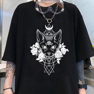 sassyme camiseta mujer gótica estrella punk gato impresión tops geometría impreso manga corta gato impresión negro suelto punk casual femme ropa