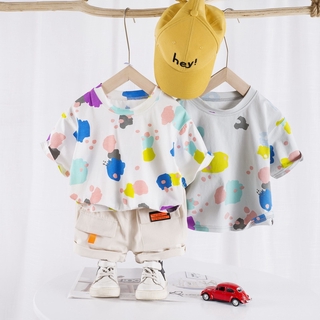 Niños de manga corta verano 1-2-3-4 años de edad, impresión completa nube de moda pantalones de carga conjunto de dos piezas