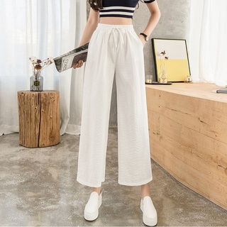 Mujer lino ancho pierna pantalones sueltos cintura alta nueve puntos pantalones Casual pantalones blanco S tamaño (3)
