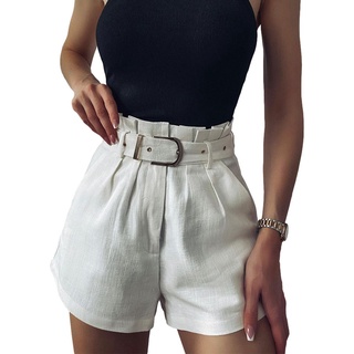 Bt-Pantalones cortos sueltos de verano para mujer con cintura moda Color sólido cintura alta Casual pantalones cortos