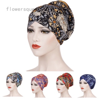 mujer impresión floral turbante sombrero musulmán estiramiento quimio gorra volantes cabeza envoltura tapas