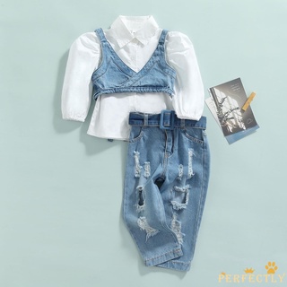 Pft7-Kids - conjunto de ropa Casual para niñas, Color sólido, camisa de manga larga, chaleco con cuello en V y Jeans con agujeros rotos
