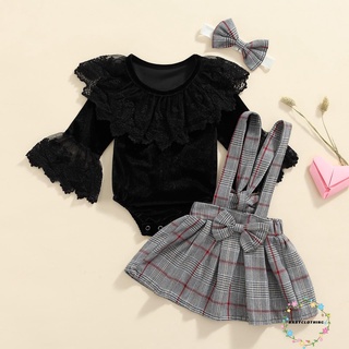 Bbcq-baby mameluco conjunto de falda, Color sólido de manga larga mameluco de cuadros correa de hombro Bowknot falda diadema, ropa de niños