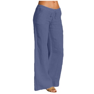 Beautyu_Mujer Casual sólido algodón lino cintura elástica cordón largo ancho pierna pantalones (5)