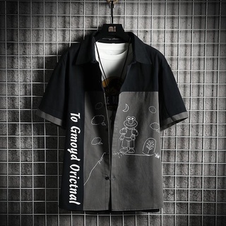 Ruffian guapo camisa de manga corta de los hombres 2021 contraste costuras camisa abrigo grasa suelta top grande 2021:xiaojianxun.my9.17