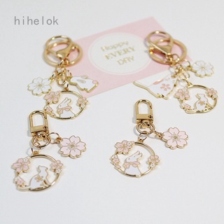 Hihelok Ins Style Cherry Blossom conejo gato llavero rosa Metal llavero Airpods colgante llavero