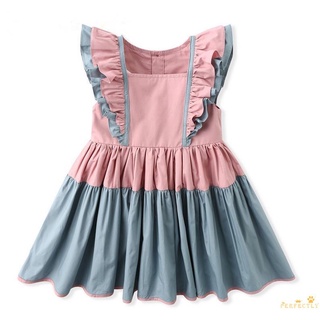 Pft7-Z niña mosca manga vestido moda contraste Color costuras niños una línea princesa vestido