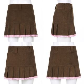 Women Autumn Velvet High Waist Mini Pleated Skirt Lace Trim Kawaii Streetwear