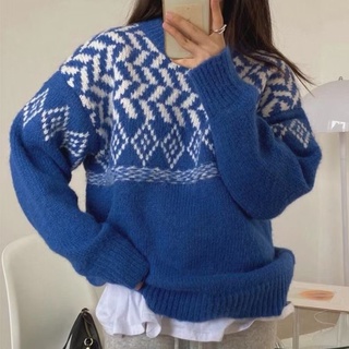 Suéter Azul 2021 Nueva Mujer Principios Otoño Suelto Moda De Punto top (6)