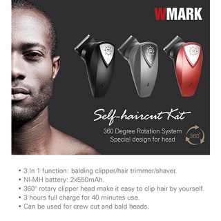 Wmark - cortador de pelo inalámbrico, carga USB, autoservicio 360° Cortador giratorio cabeza cortador eléctrico cortador de pelo