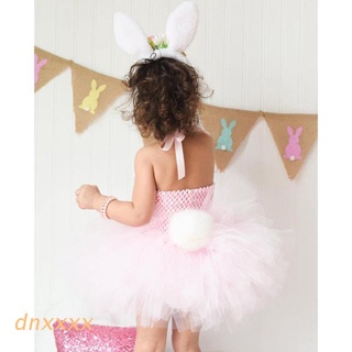 dnxxxx niños bebé niñas conejo cola rosa tul halter bowknot tutú vestido con orejas de conejito diadema fiesta de pascua cosplay disfraz