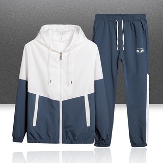 Dos piezas conjuntos de hombres deportes Casual chaquetas con capucha Patchwork chaquetas + pantalones chándal M-4XL