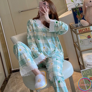 Colorido pijama mujeres manga larga pantalones largos leche seda M-XXL Baju Tidur Wanita
