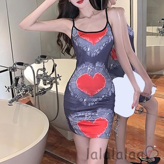 Laa7-Mujer Sexy Bodycon Mini vestido, sin mangas sin respaldo correa de espagueti estampado corazón Cami vestido