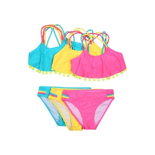 ✭Vb✫Niños Split traje de baño conjunto, niñas sin mangas sin espalda O-cuello Bikini con borlas de bola + bragas para el verano (1)