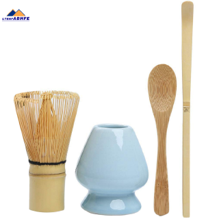 matcha whisk set de té de bambú matcha de 4 incluyendo 100 prong matcha batidor (chasen), cuchara tradicional (chashaku), cuchara de té, soporte para batidor matcha color azul (1)