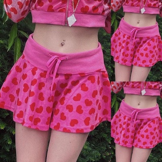 Tiempo mujeres gótico Punk cintura alta cordón una línea Mini falda Harajuku dulce rosa corazón impresión Kawaii terciopelo plisado Streetwear (4)