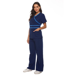 [QSDALEN]Women Short Sleeve V-neck Tops+Pants Nursing Working Uniform Set Suit