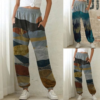 feirulit mujer casual cintura alta paisaje impresión pantalones sueltos pantalones deportivos con bolsillos (3)