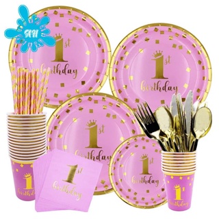 142 piezas de vajilla rosa, platos de papel tazas servilletas conjuntos, para decoraciones de fiesta de cumpleaños, servir 16 invitados