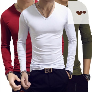 Men Autumn T-shirts Long Sleeves V Neck Pullover Slim Fit Casual Minimalist Male Tops