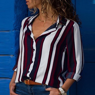 ♀♀ sirolaews.cl Flash Sale Long SleeveWomen Casual Cuffed Long Sleeve V-Neck Button Up Striped Shirt Blouse Tops