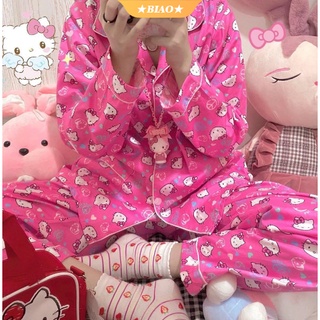 Hello Kitty Ropa y2k Kawaii Servicio A Domicilio De Dibujos Animados Traje De Manga Larga Pantalones Más El Tamaño De Cardigan Pijamas Conjunto Para Las Mujeres