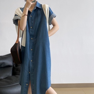 【FationVestido de camisa de manga corta de mezclilla suelto de estilo coreano para mujer2021Vestido largo de verano talla grande estilo inactivo1939