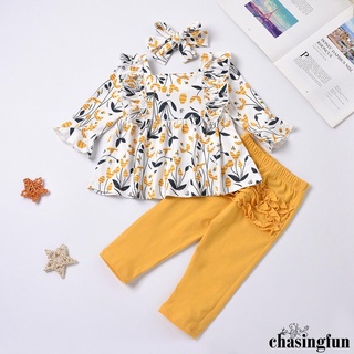 Chf-girls conjunto de ropa, estampado Floral de manga larga cuello cuadrado Tops+pantalones de Color sólido+diadema
