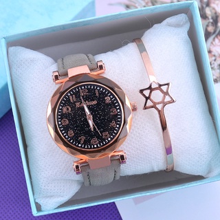 [Reloj + pulsera] reloj de mujer romántico cielo estrellado dial moda casual reloj de cuarzo para mujer + exquisito conjunto de pulsera de estrella (9)