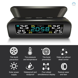 [k] Sistema de monitoreo de presión de neumáticos TPMS para coche, sistema de alarma de carga Solar inalámbrica TPMS con reloj, retroiluminación automática y modo de sueño y vigilia, 4 sensores externos, pantalla LCD
