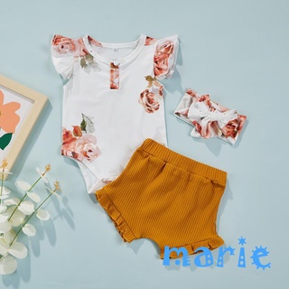 ✿ Hola ✣ Bebé Niñas Verano Estampado Floral Corto Volantes Manga Mameluco Y Pantalones Cortos Casual Diadema
