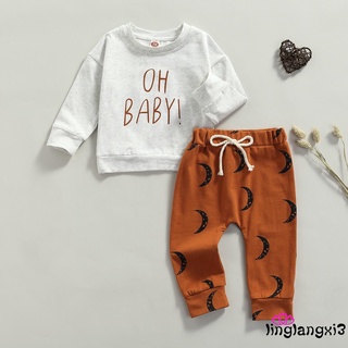 Dv conjunto de ropa de bebé Unisex, estampado de letras de manga larga O-cuello camiseta+pantalones de impresión de la luna (1)