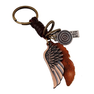 Vintage Keychain European and American Punk Jewelry Graceful Alloy Wings Leather Keychain Vintage Weave Men Cattle-Leather Key Ring (1)