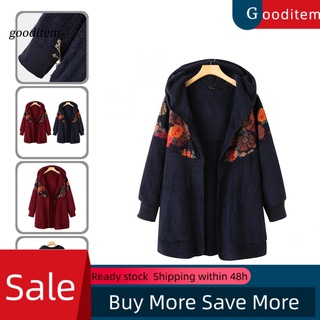 [gooditem] All-Match Jacket Cardigan Ethnic Flower Print Hooded Fluffy Coat Thickened Outerwear